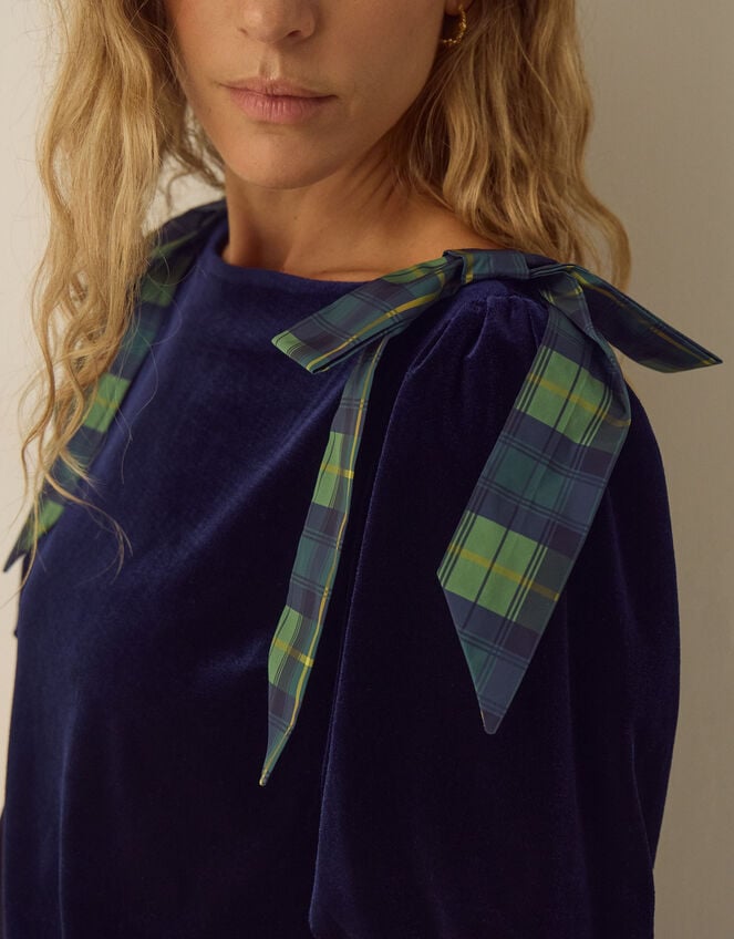 Vittoria Short Sleeve Tartan Bow Velvet Top, Blue (MIDNIGHT), large