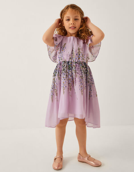Floral Print Flutter Sleeve Dress, Purple (LILAC), large