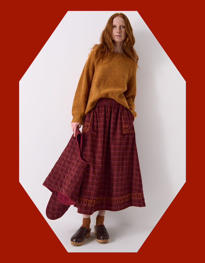 East Karina Check Corduroy Midi Skirt, Orange (RUST), large