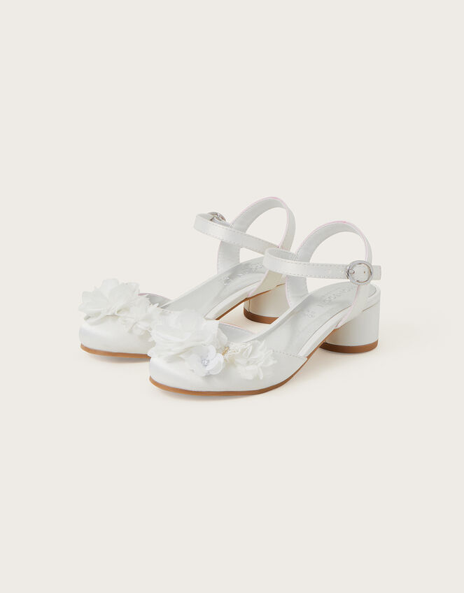 Sequin Flower Satin Heeled Sandals, Ivory (IVORY), large