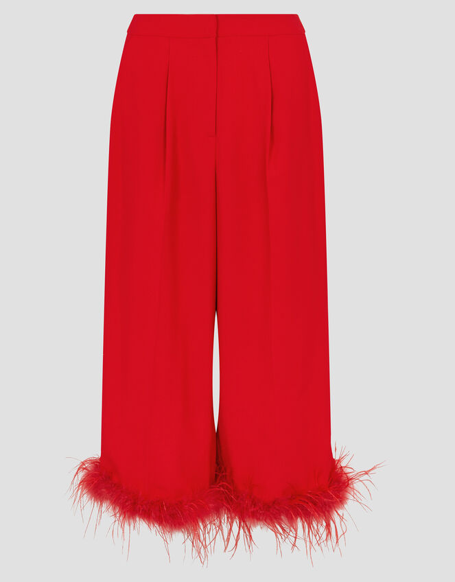 Monsoon x Sarah Corbett-Winder Feather Trim Cropped Trousers, Red (RED), large