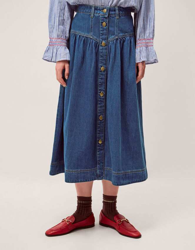 Tamsin Button Denim Midi Skirt , Blue (MID AUTHENTIC BLUE), large