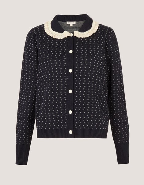 Camila Broderie Collar Cardigan, Blue (NAVY), large