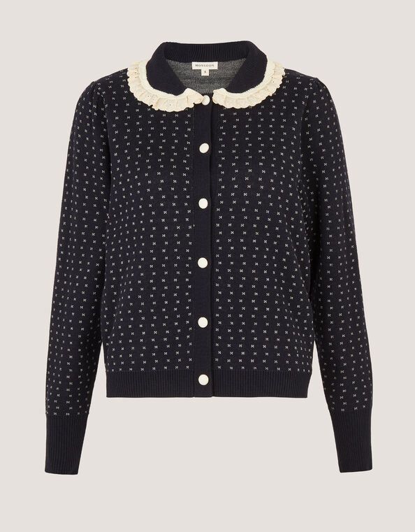 Camila Broderie Collar Cardigan, Blue (NAVY), large