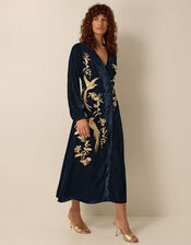 Clemence Florentinie Long Sleeve Embroidered Velvet Midi Dress, Blue (BLUE), large