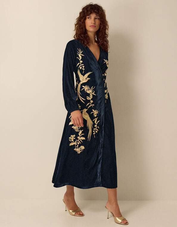 Clemence Florentinie Long Sleeve Embroidered Velvet Midi Dress, Blue (BLUE), large