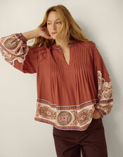 Alexandra Floral Pintuck Blouse, Brown (BROWN), large