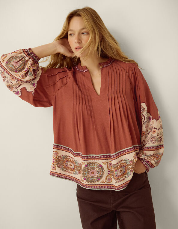Alexandra Floral Pintuck Blouse, Brown (BROWN), large
