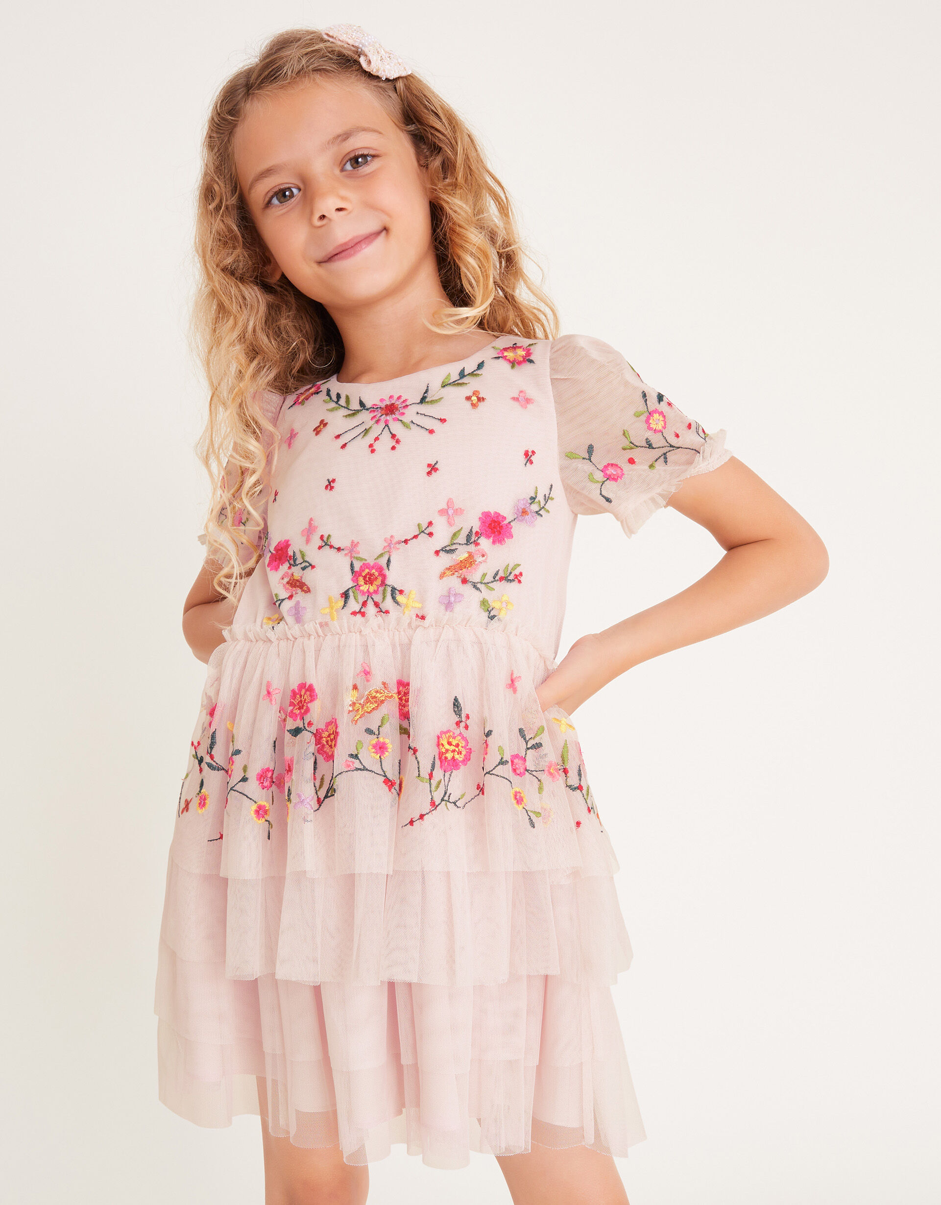 Forest Floral Embroidered Tulle Dress Pink