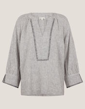 Frida Linen-Blend Stripe Top, Blue (BLUE), large