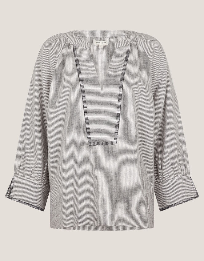 Frida Linen-Blend Stripe Top, Blue (BLUE), large