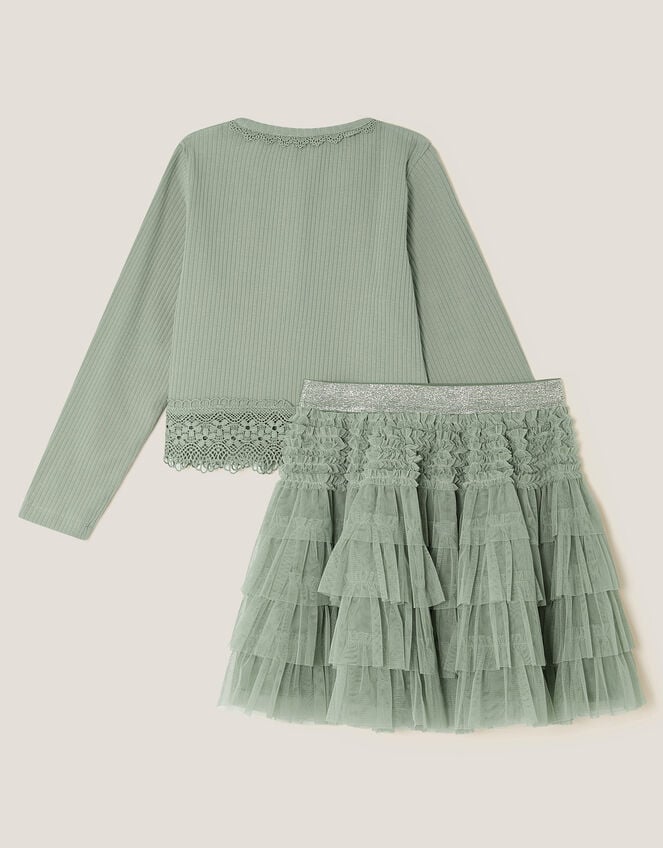 Embellished Cardigan & Mesh Tiered Skirt Set, Green (SAGE), large