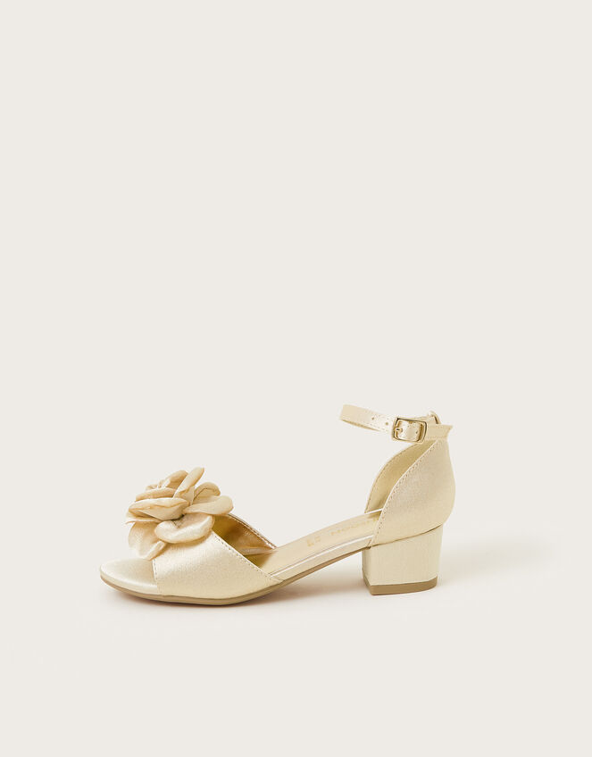 Satin Flower Peep Toe Heels, Gold (GOLD), large