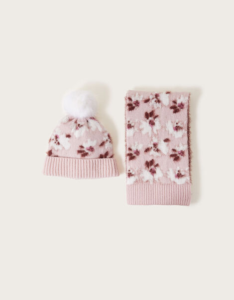 Floral Knit Hat and Scarf Set, Pink (PINK), large