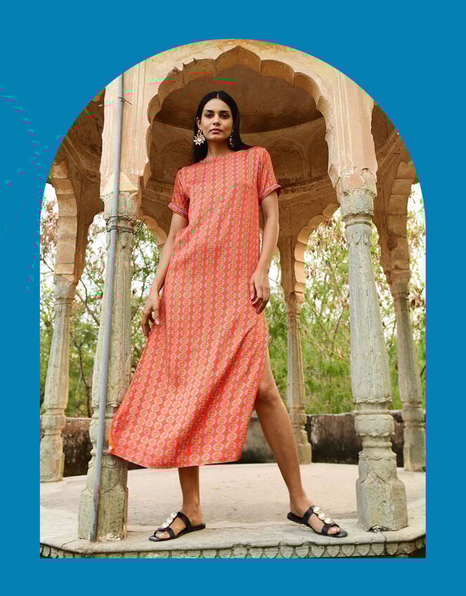DEEBA Swing Reversible Print Dress, Orange (ORANGE), large