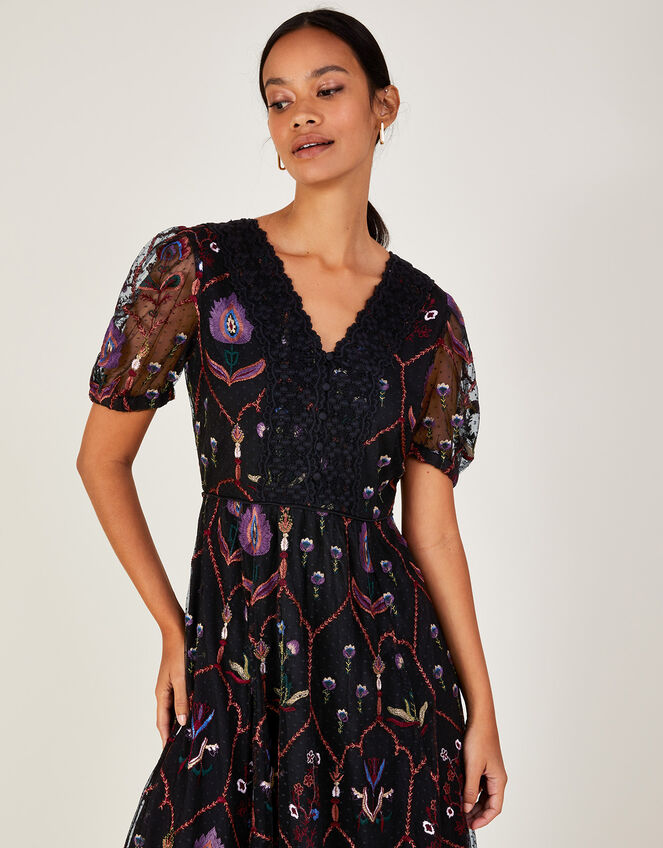Fenn Embroidered Midi Dress in Recycled Polyester , Black (BLACK), large