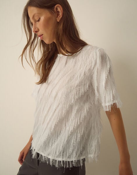 Fadia Short Sleeve Fringe Top, Ivory (IVORY), large