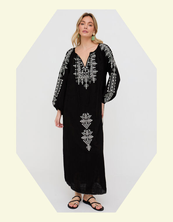 Raffya Aurelia Embroidered Maxi Kaftan Dress, Black (BLACK), large
