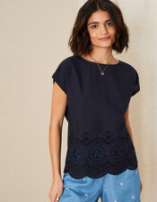 Lila Woven Front Tee in Organic Cotton , Blue (NAVY), large