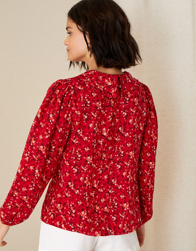 Frill Collar Ditsy Floral Blouse, Red (RED), large