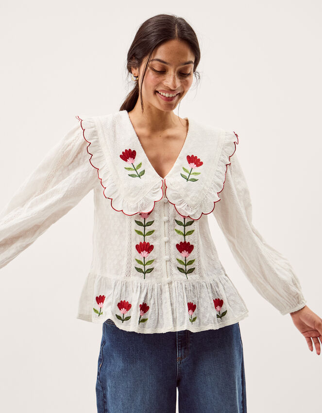 Talia Tulip Embroidered Scallop Collar Top, White (WHITE), large