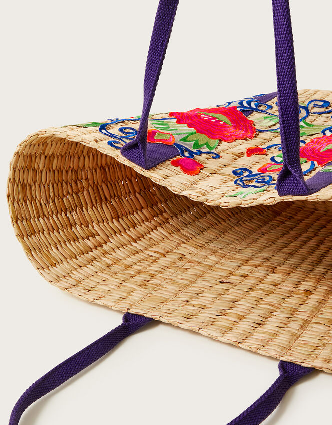 Large Embroidered Straw Basket Bag, , large