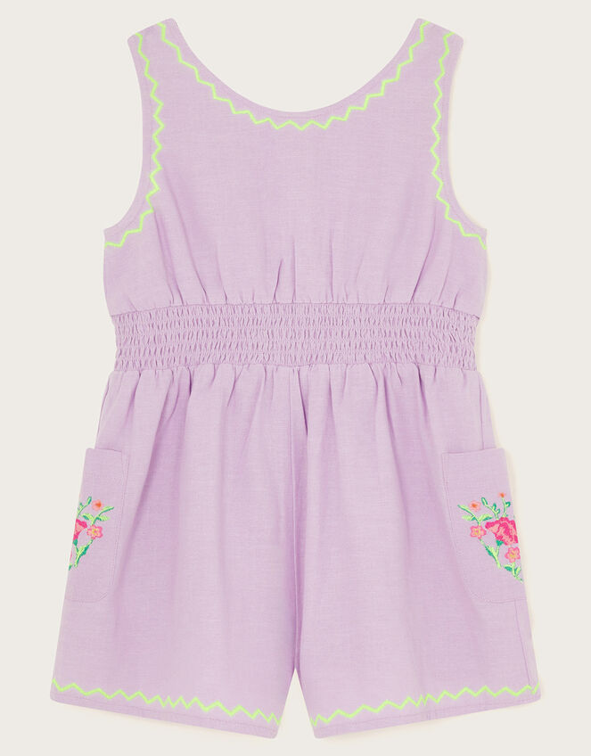Linen Embroidered Playsuit, Purple (LILAC), large
