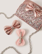 Glitter Bow Bag & Hair Clips Set, , large