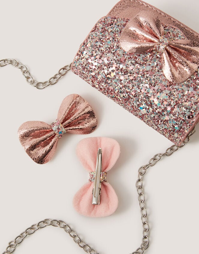 Glitter Bow Bag & Hair Clips Set, , large