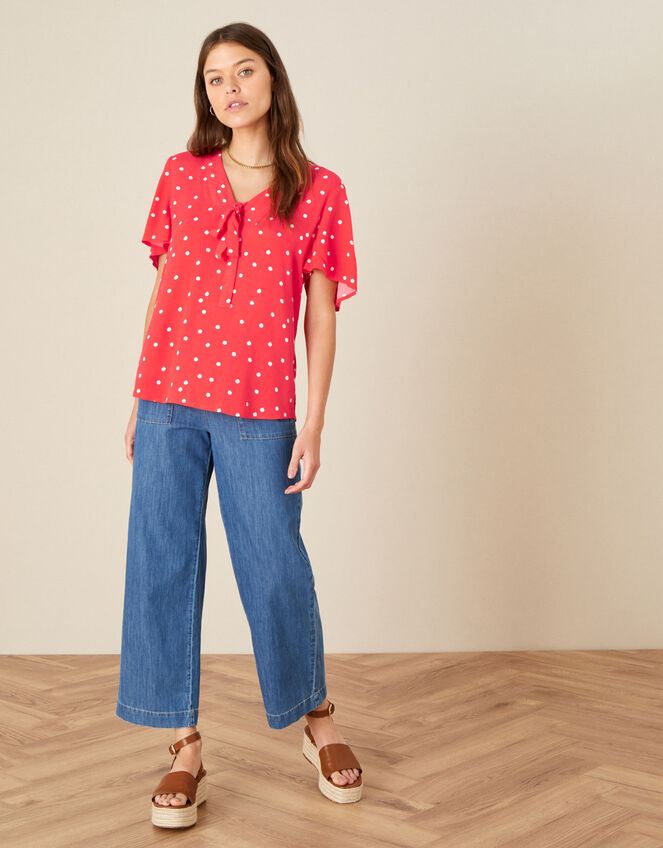 Spot Print Tie Front Top, Red (RED), large