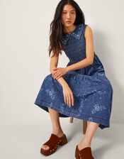 Cecily Floral Smocked Denim Midi Dress, Blue (DENIM BLUE), large