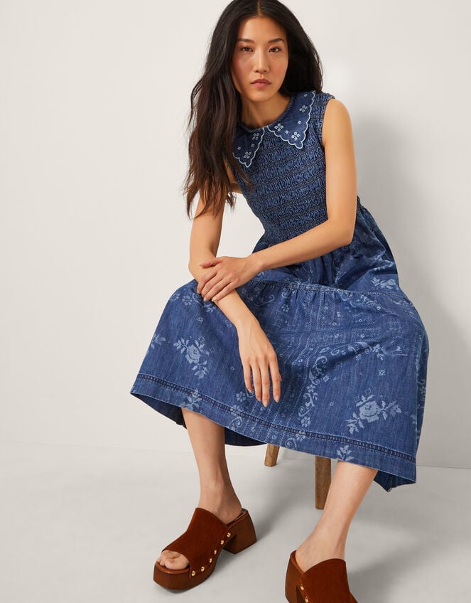 Cecily Floral Smocked Denim Midi Dress, Blue (DENIM BLUE), large