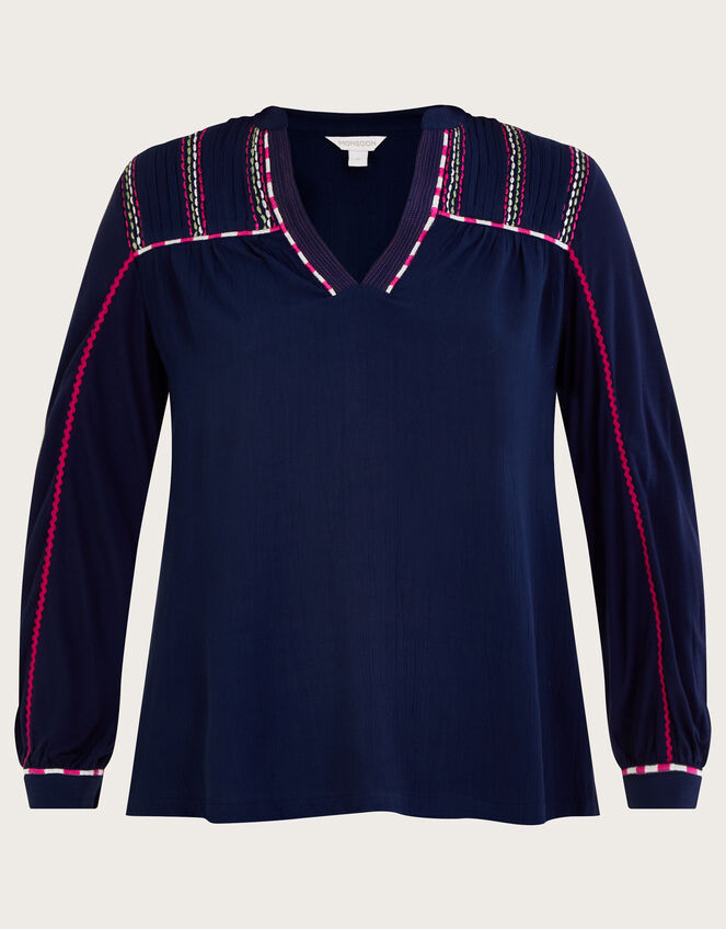 Embroidered Tape Sleeve Jersey Top, Blue (NAVY), large