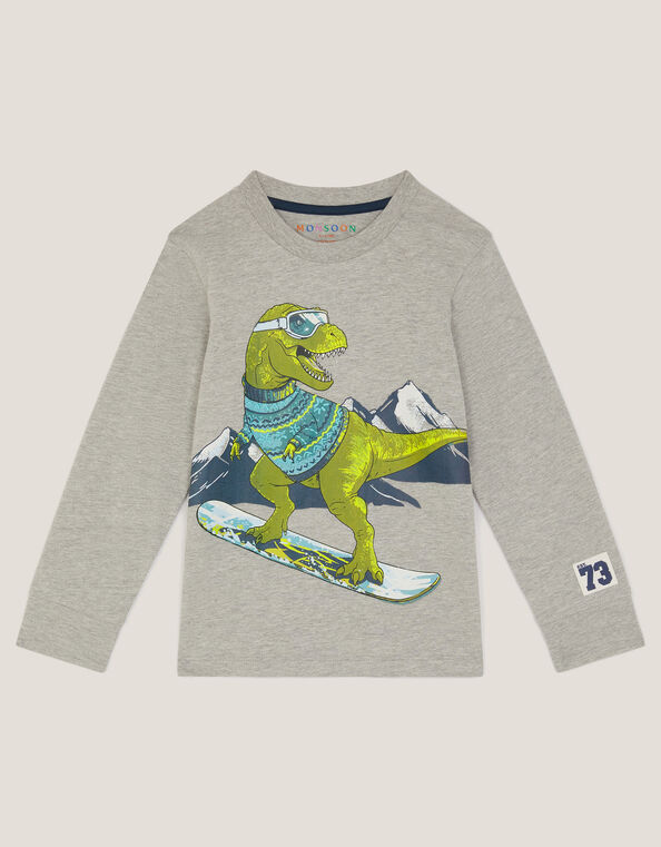 Snowboard Dinosaur Long Sleeve Top, Gray (GREY), large