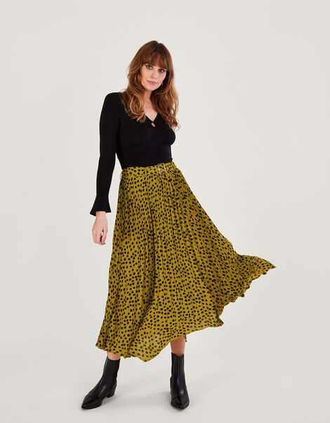 Sally Spot Print Pleated Skirt in Recycled Polyester Green, Green (CHARTREUSE), large