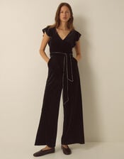 Dionne V-Neck Velvet Jumpsuit, Black (BLACK), large