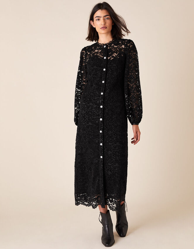 Francesca Floral Lace Shirt Dress, Black (BLACK), large