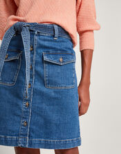 Denim Button Through Belted Skirt, Blue (INDIGO), large
