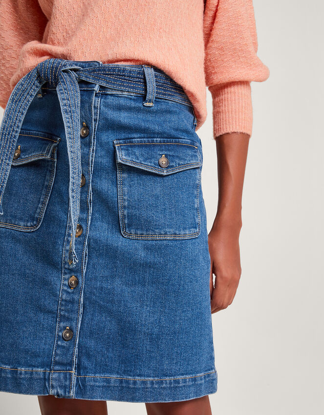 Denim Button Through Belted Skirt, Blue (INDIGO), large