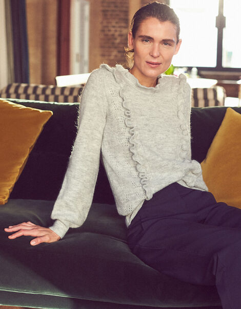 Ruffle Pointelle Knit Jumper Grey, Grey (GREY), large