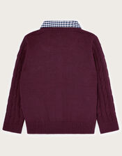 2-in-1 Cable Knit Jumper with Collar, Red (BURGUNDY), large