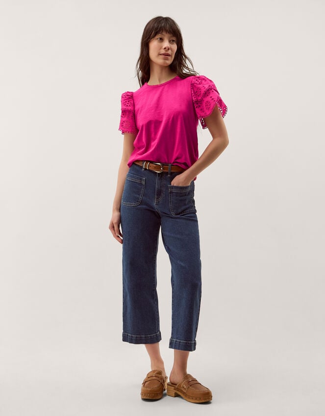 Bev Broderie Sleeve Jersey T-Shirt, Pink (PINK), large