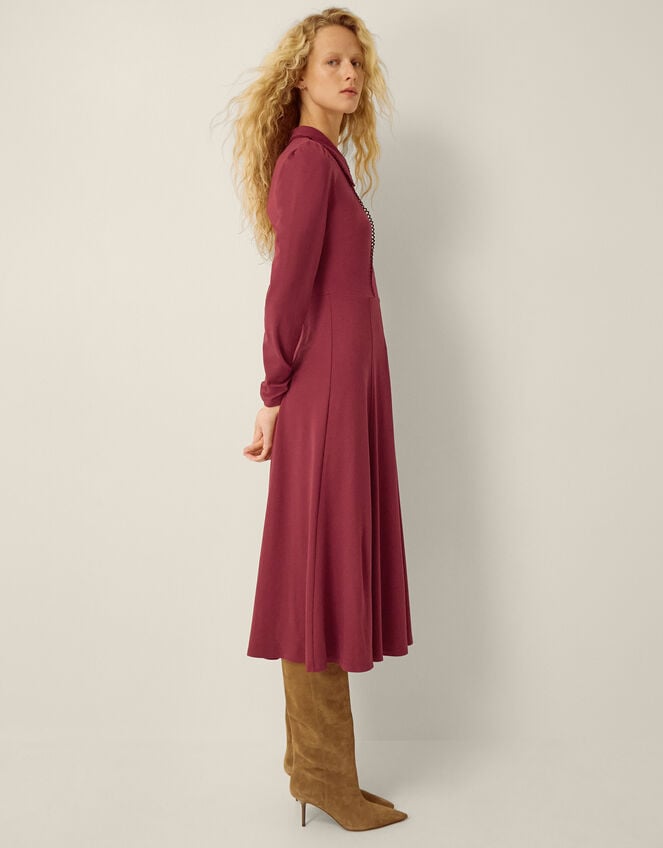 Zoe Pointed Collar Jersey Midi Dress, Red (BURGUNDY), large
