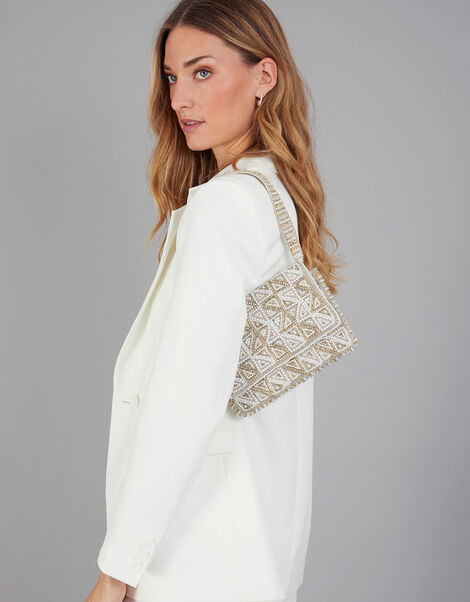 Pearl Geometric Embellished Bridal Shoulder Bag, , large