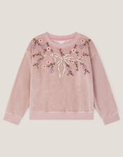 Bow Embellished Velour Sweatshirt, Purple (PURPLE), large