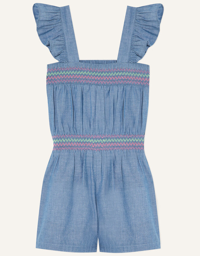 Chambray Frill Shoulder Playsuit, Blue (BLUE), large