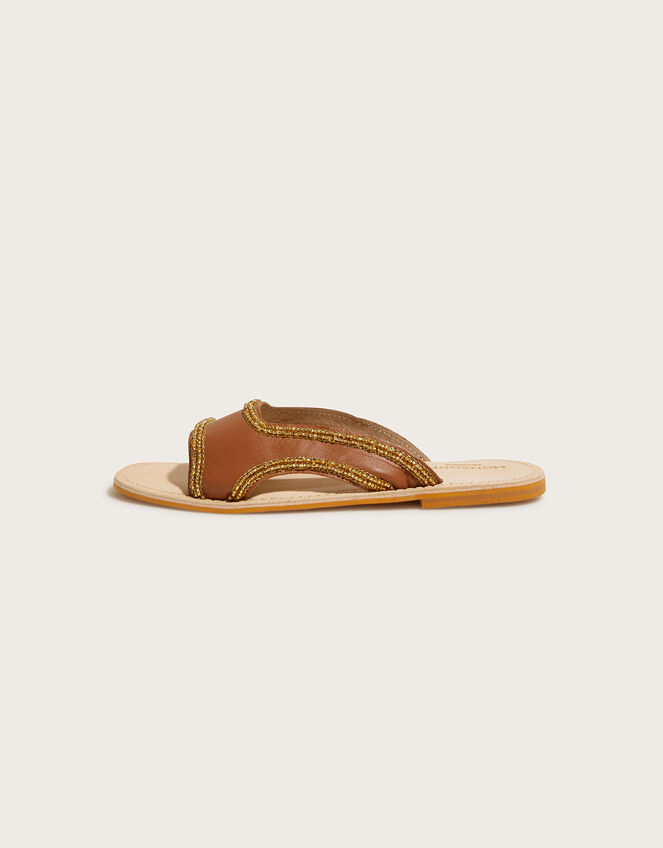 Leather Embellished Slide Sandals, Tan (TAN), large