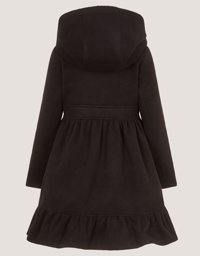 Faux Fur Collar Double-Breasted Coat, Black (BLACK), large