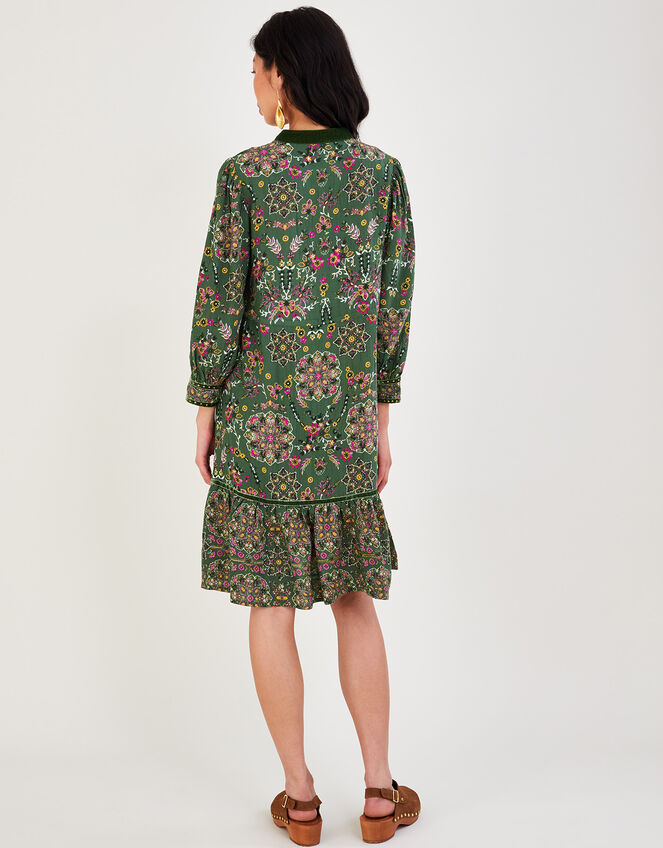 Heritage Print and Velvet Trim Tiered Dress, Green (KHAKI), large