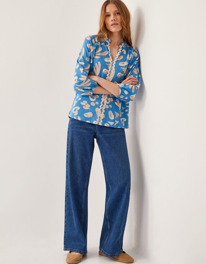 Rosie Abstract Print Jersey Blouse, Blue (BLUE), large